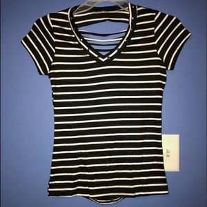 Black and white V-neck horizontal striped shirt